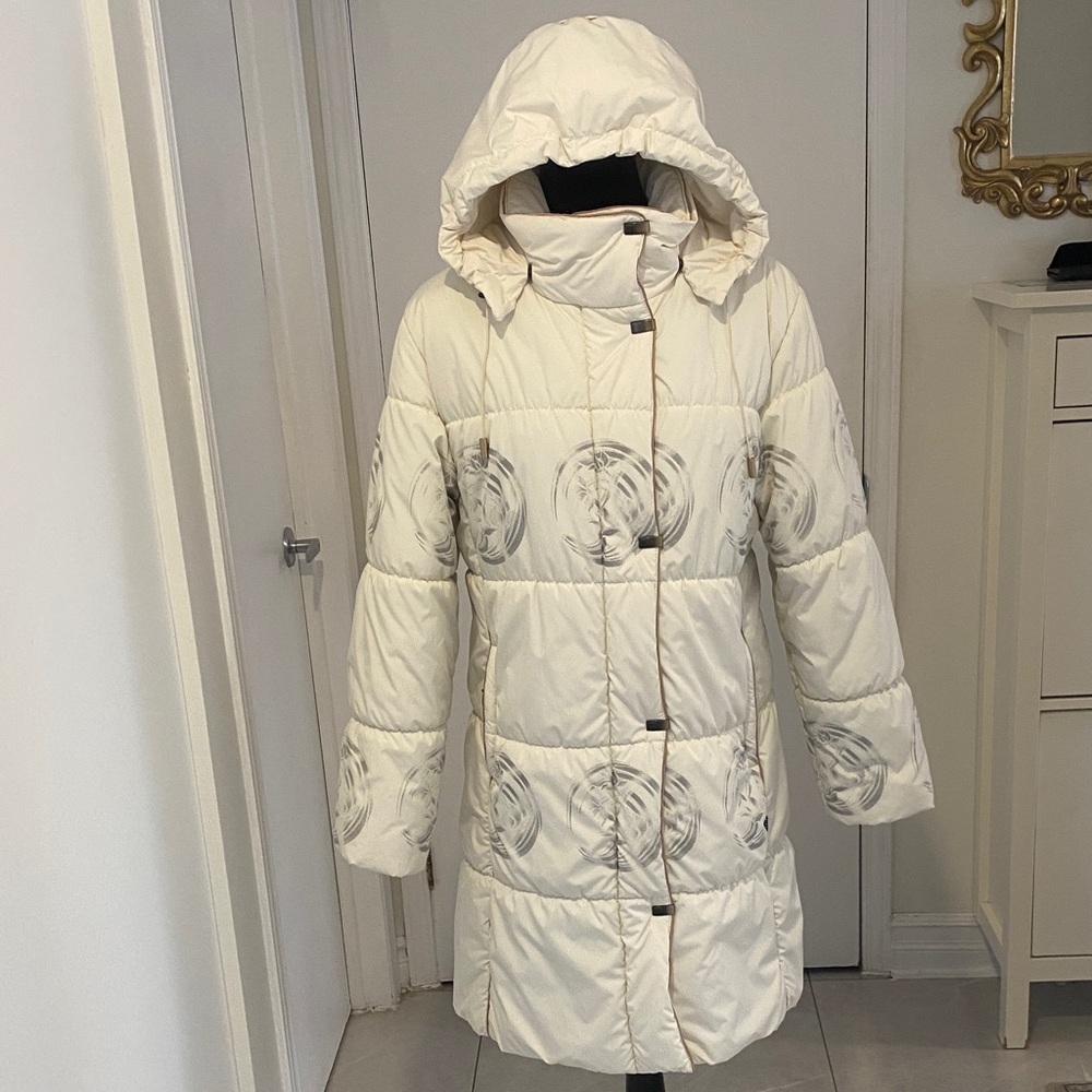 Hooded Puffer Coat frm LUHTA Sport Design midlength Creme/Grey Size US 10